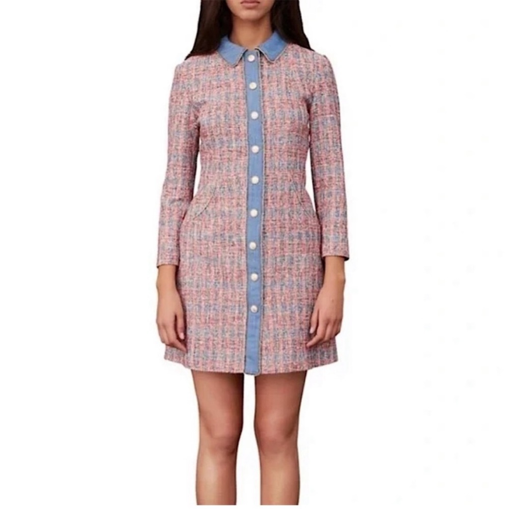 Maje Renise Tweed Chambray Button Down Dress Pockets Preppy Academia Red Blue XS